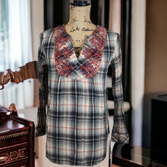 Sundance Plaid Embroidered Cottage Western Long Sleeve Peasant Top XS - Picture 6 of 6